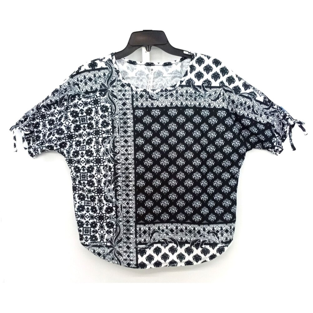 Leo & Nicole Blouse Womens Medium Black White Patchwork Dolman Sleeve Tie Cuff